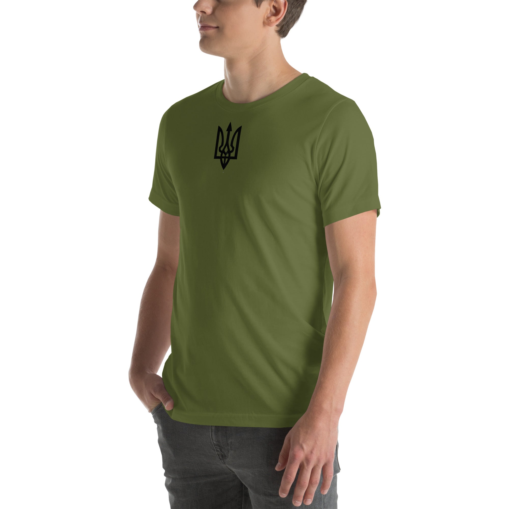 Green T-shirt with Ukrainian Tryzub logo, worn by model, showcasing minimalist design for casual wear.