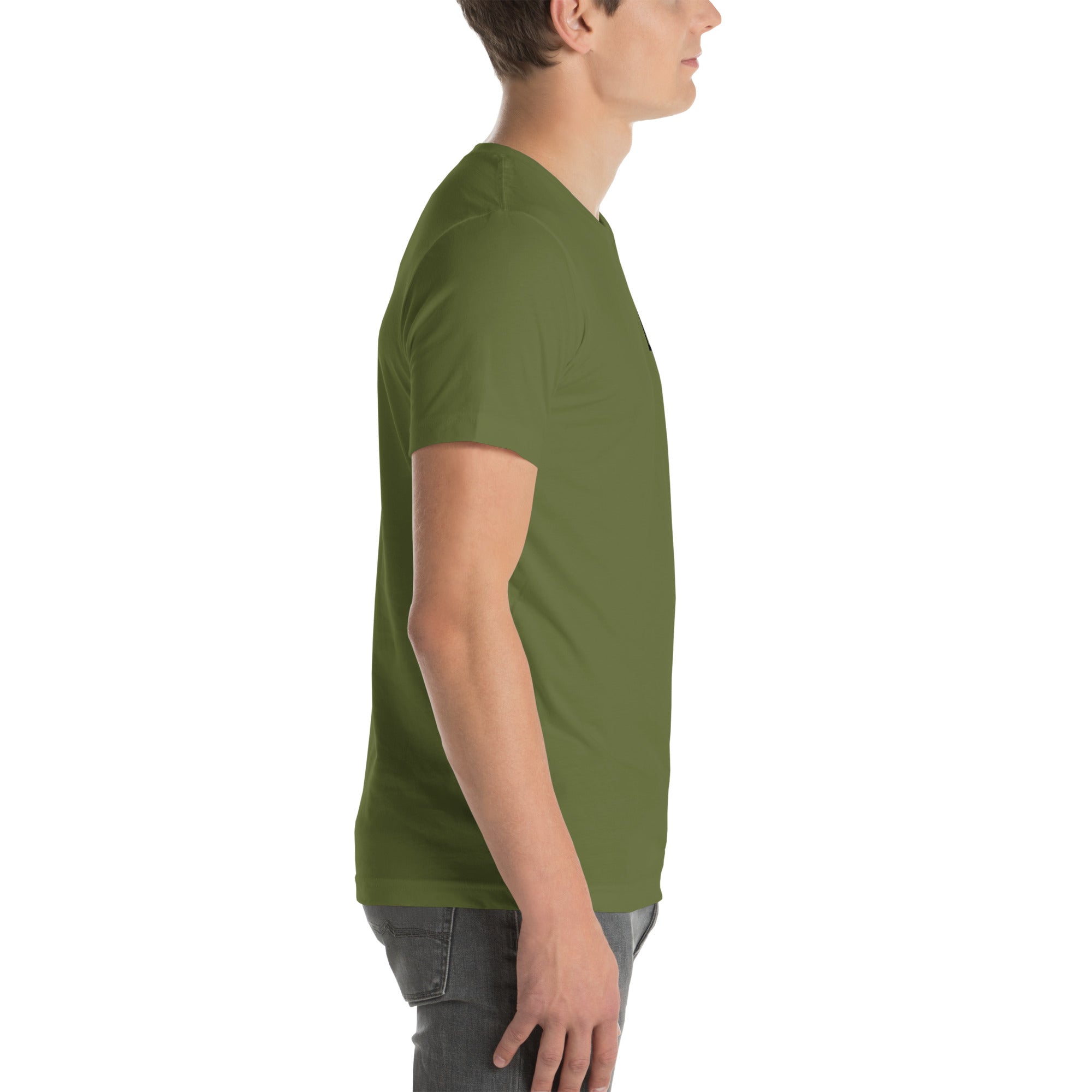 Side view of model wearing minimalist green T-shirt, unisex fit, crafted for comfort and casual wear.