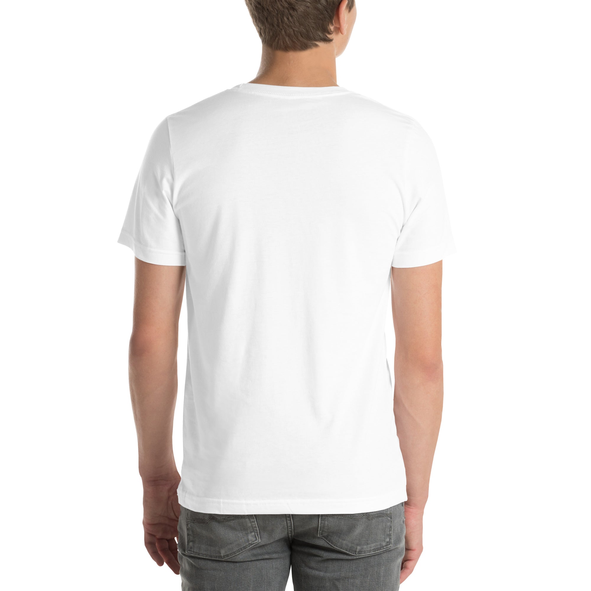 Back view of a white "Stop Putin" T-shirt worn by a person, demonstrating premium cotton fit and comfort.