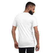 Back view of a man wearing a white "Stop Putin" t-shirt, showcasing a comfortable fit made from soft, lightweight cotton.