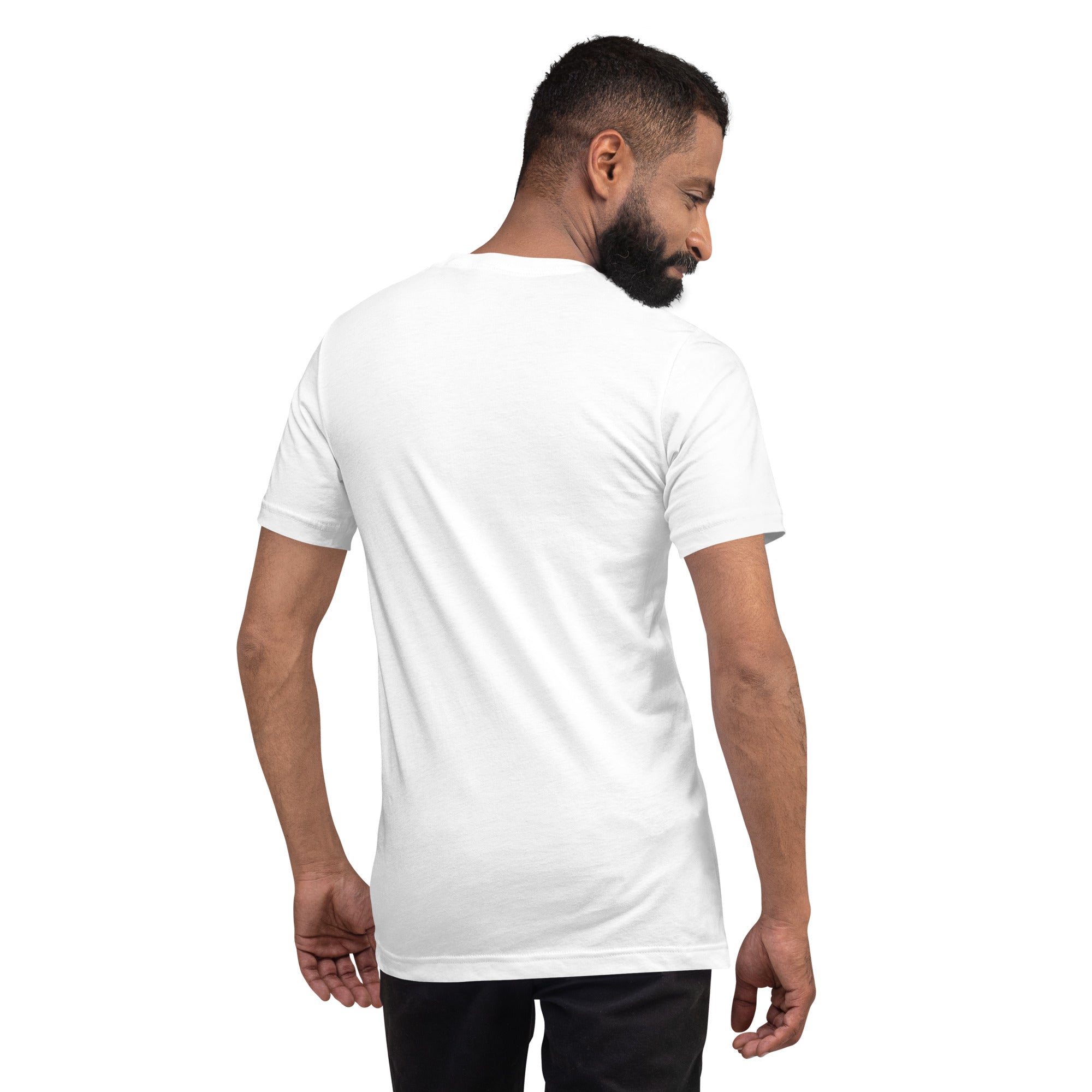 Back view of a man wearing a white "Stop Putin" t-shirt, showcasing a comfortable fit made from soft, lightweight cotton.