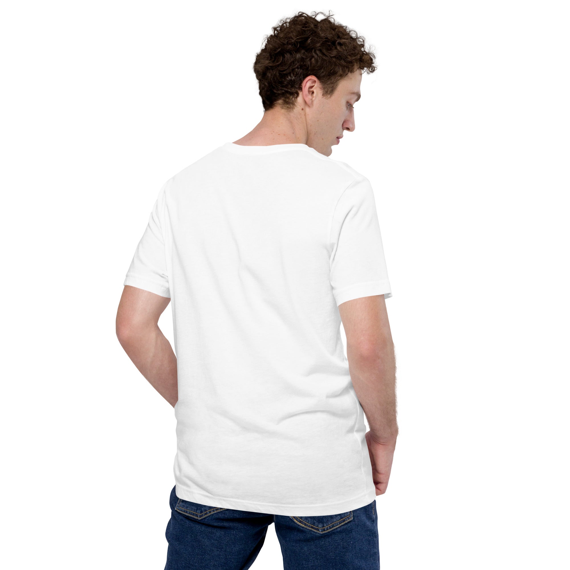Back view of man wearing white T-shirt with denim jeans, showcasing casual style.
