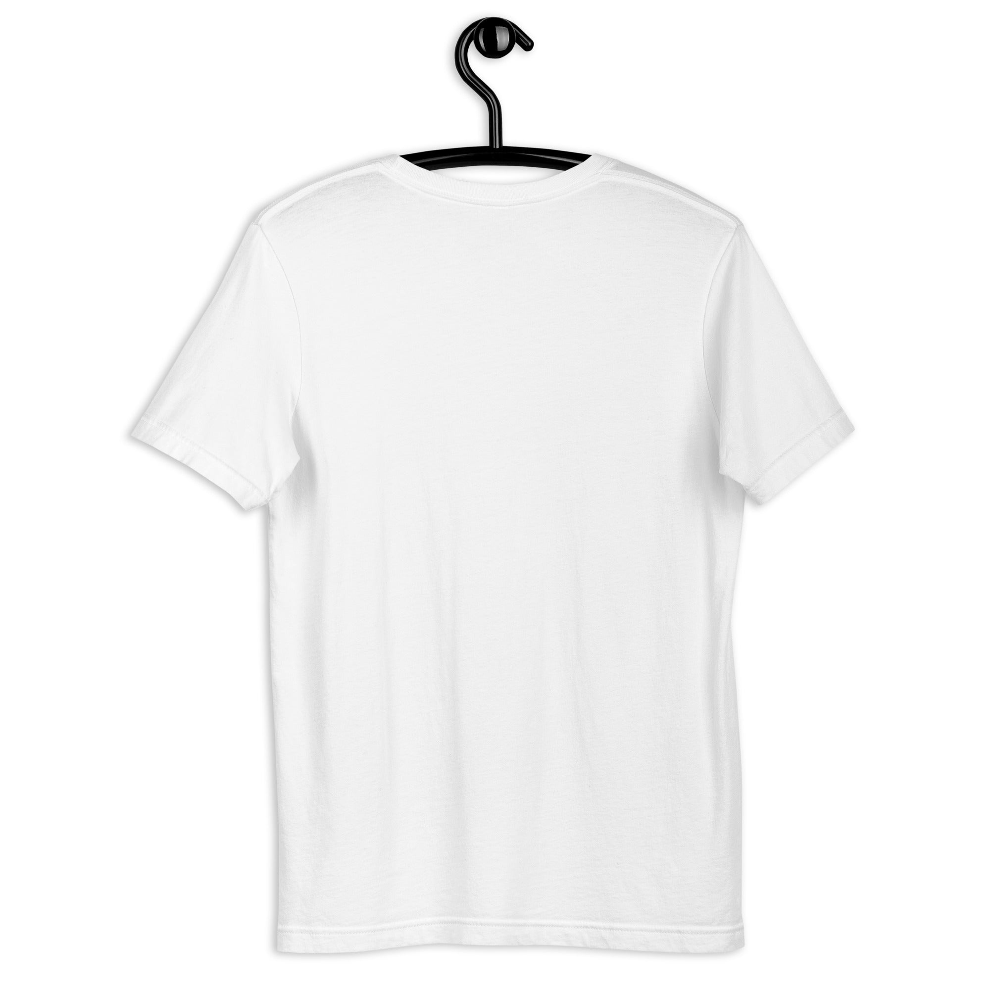 White women's T-shirt on hanger, back view, soft cotton fabric for comfortable fit.