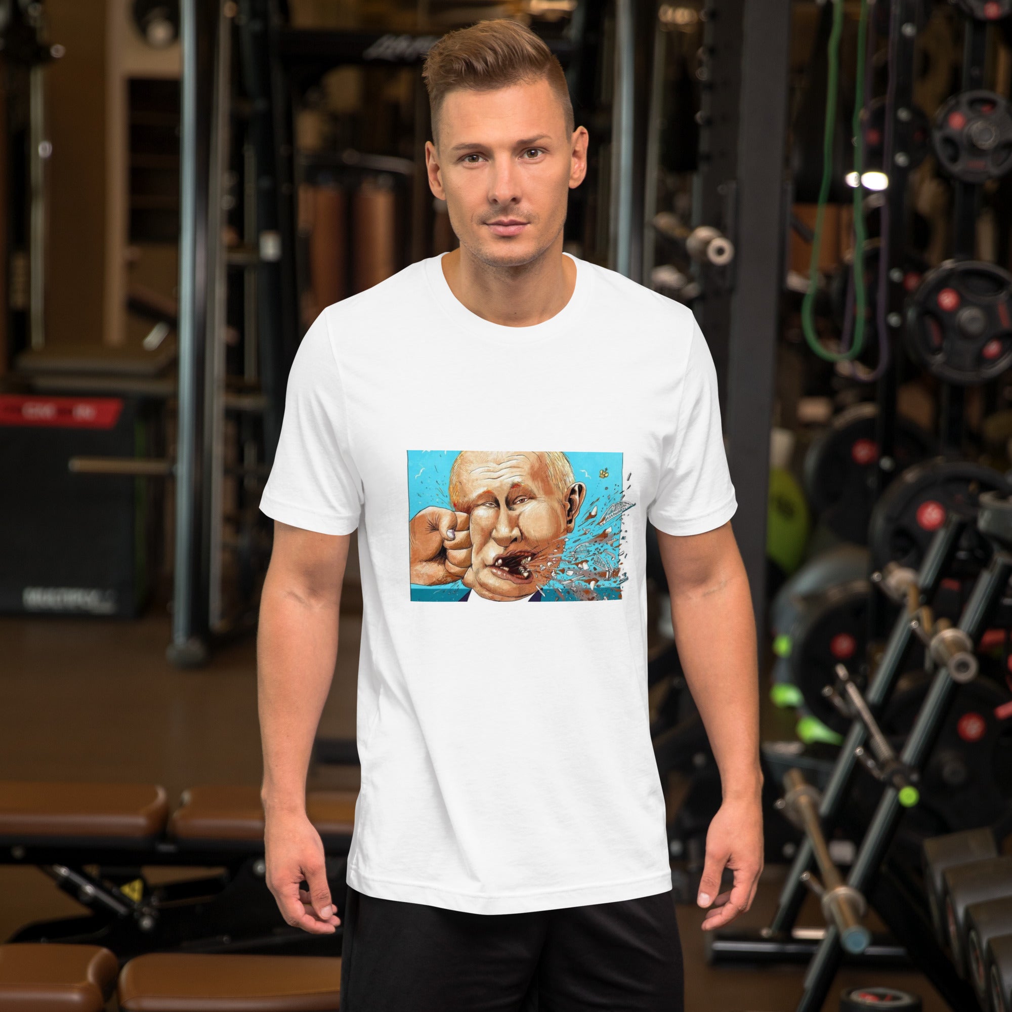 Man wearing a "Stop Putin" T-shirt featuring a bold, impactful design. Comfortable and stylish tee made from premium cotton, perfect for making a statement.