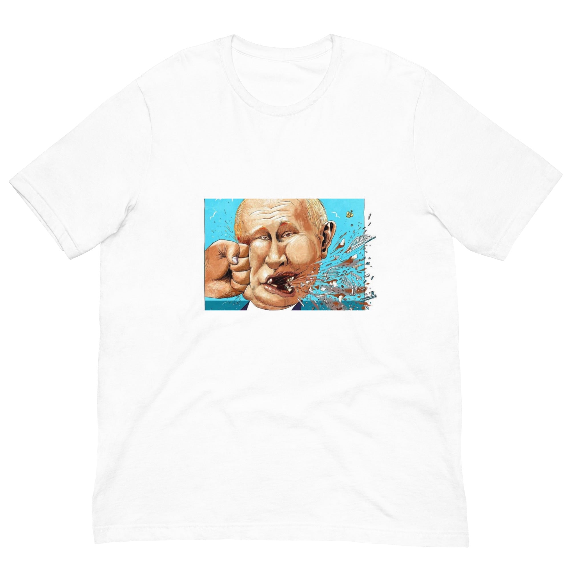White Stop Putin T-shirt with impactful design, featuring a bold graphic statement against a prominent figure. Made from soft cotton.