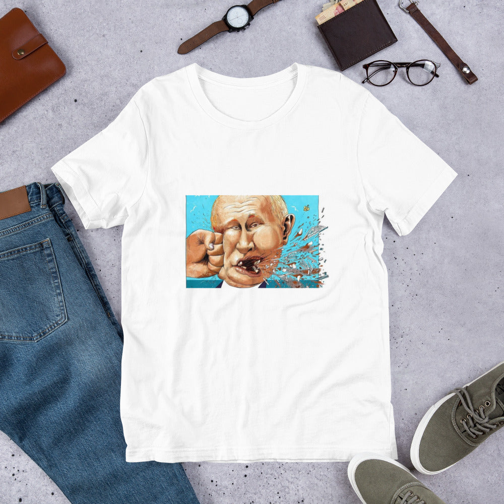 White "Stop Putin" t-shirt with artistic design, casual outfit display