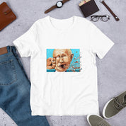 White "Stop Putin" t-shirt with artistic design, casual outfit display