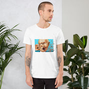 Man wearing white Stop Putin t-shirt with artistic graphic, illustrating a powerful statement against oppression.