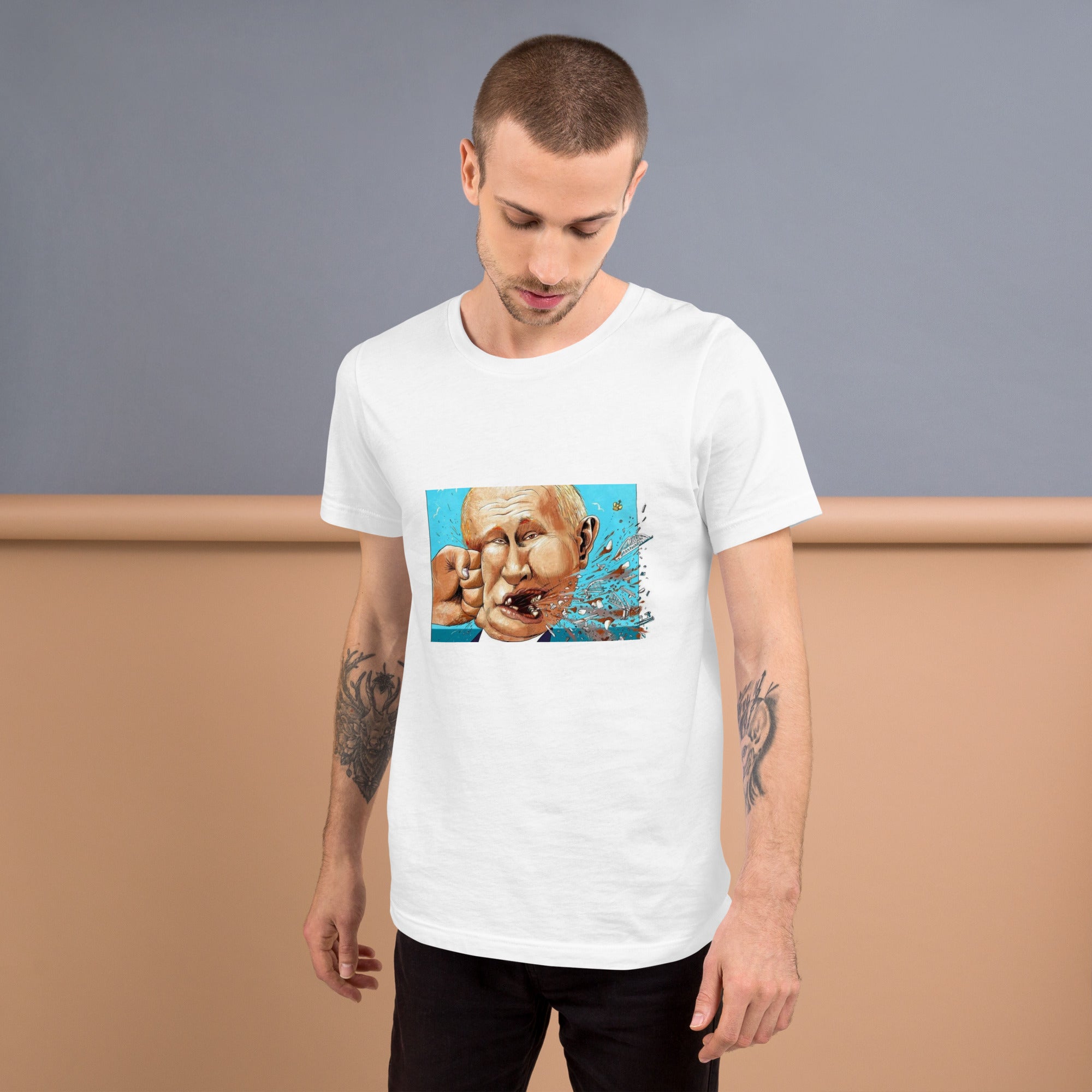 Man wearing Stop Putin t-shirt featuring bold graphic design for impactful statement, comfortable fit, made from premium cotton.