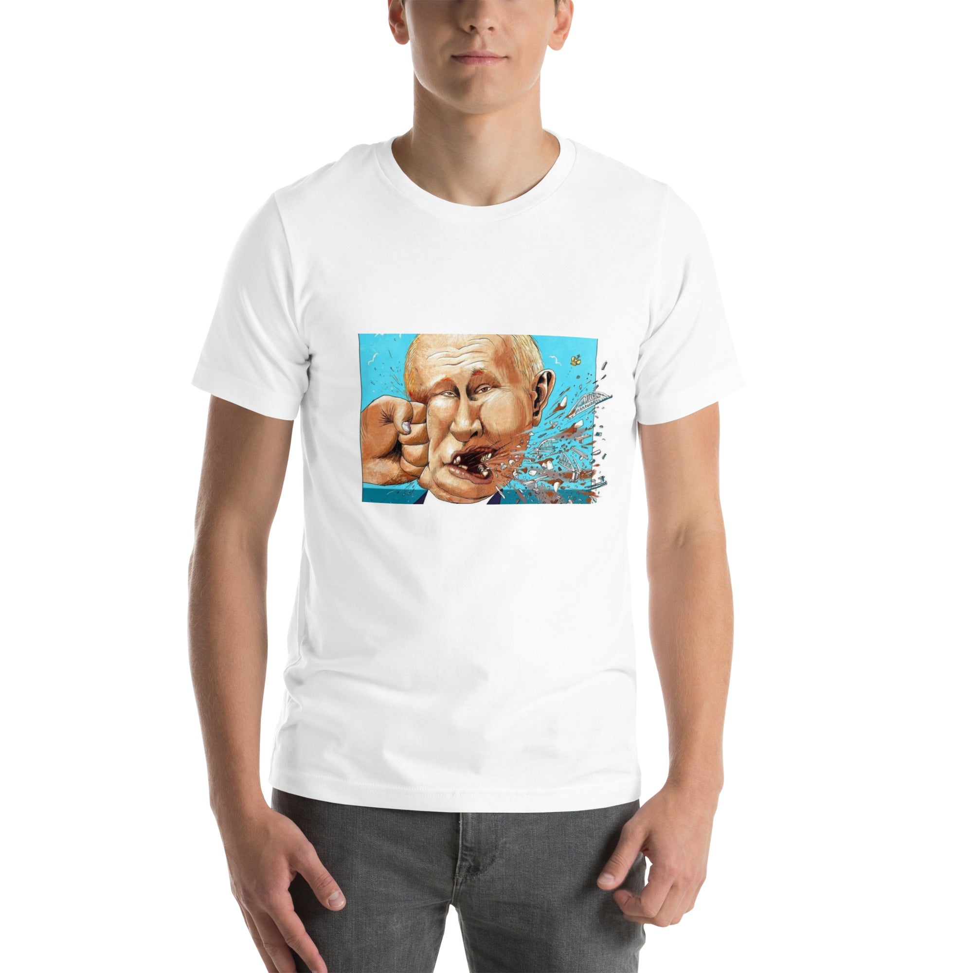 Person wearing a Stop Putin T-shirt with a bold graphic, made from soft cotton, advocating for political change and awareness.