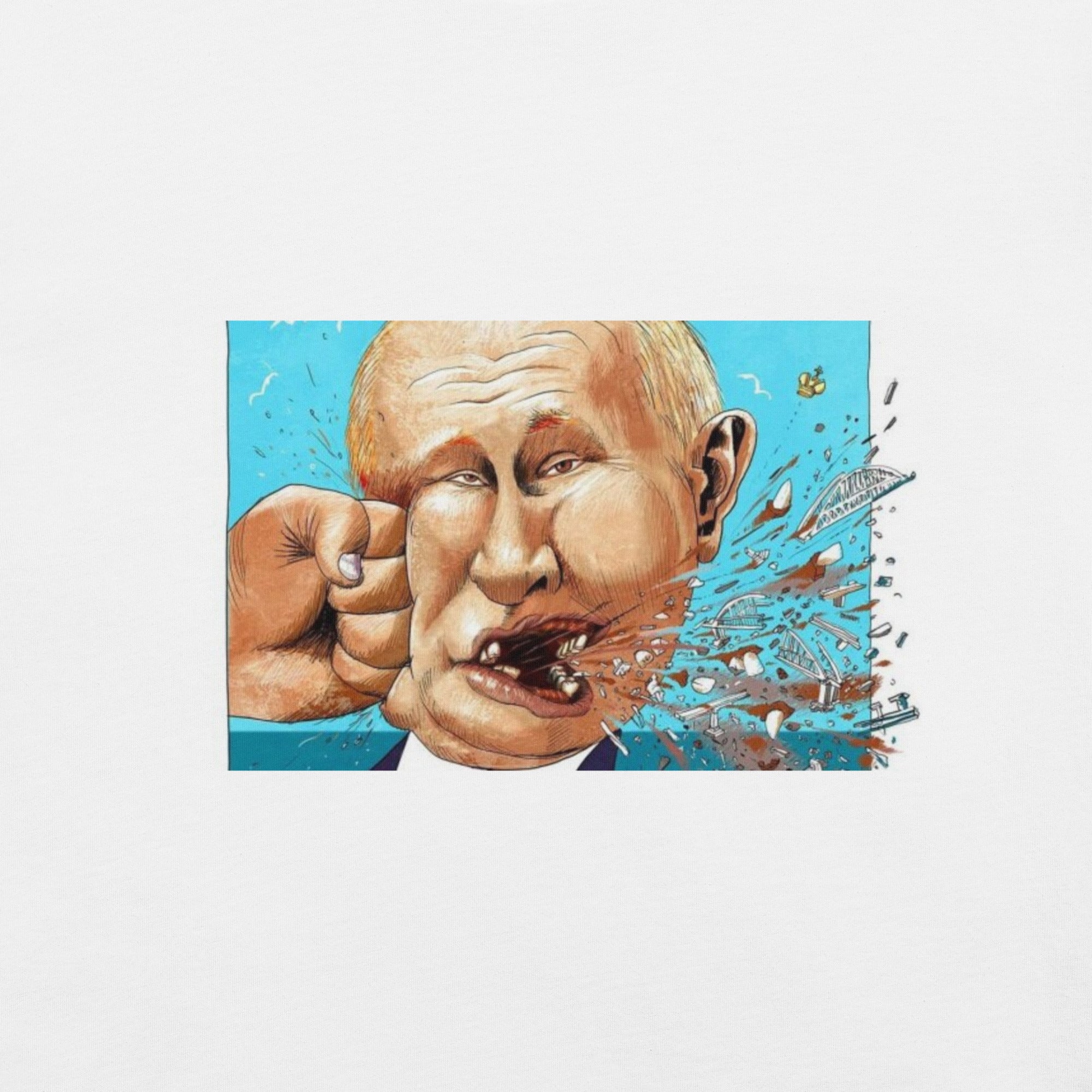 Illustration of a fist punching a man's face, causing an explosive impact with debris, set against a blue background.