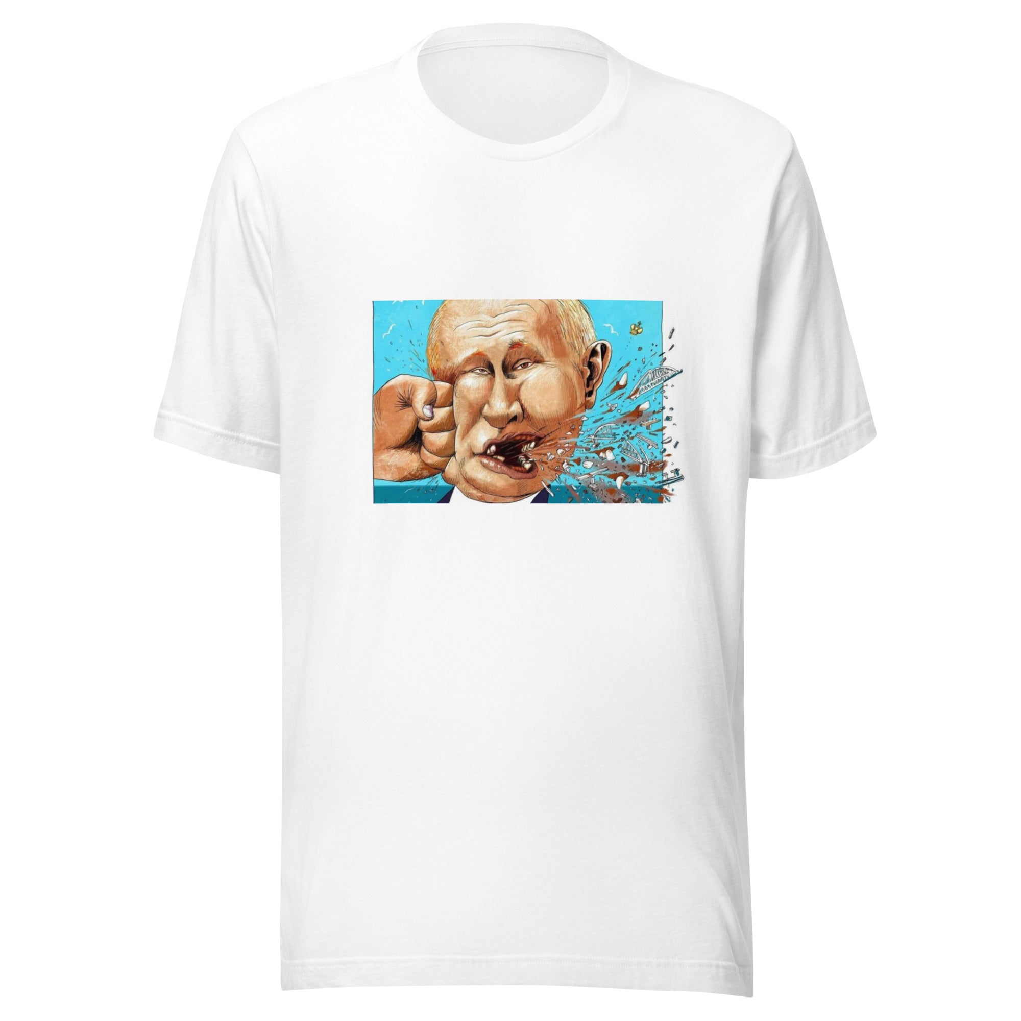 White women's T-shirt with a powerful graphic design of a fist striking a face, symbolizing resistance.