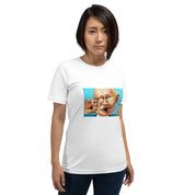 Woman wearing "Stop Putin" T-shirt with bold design, standing against a plain background.