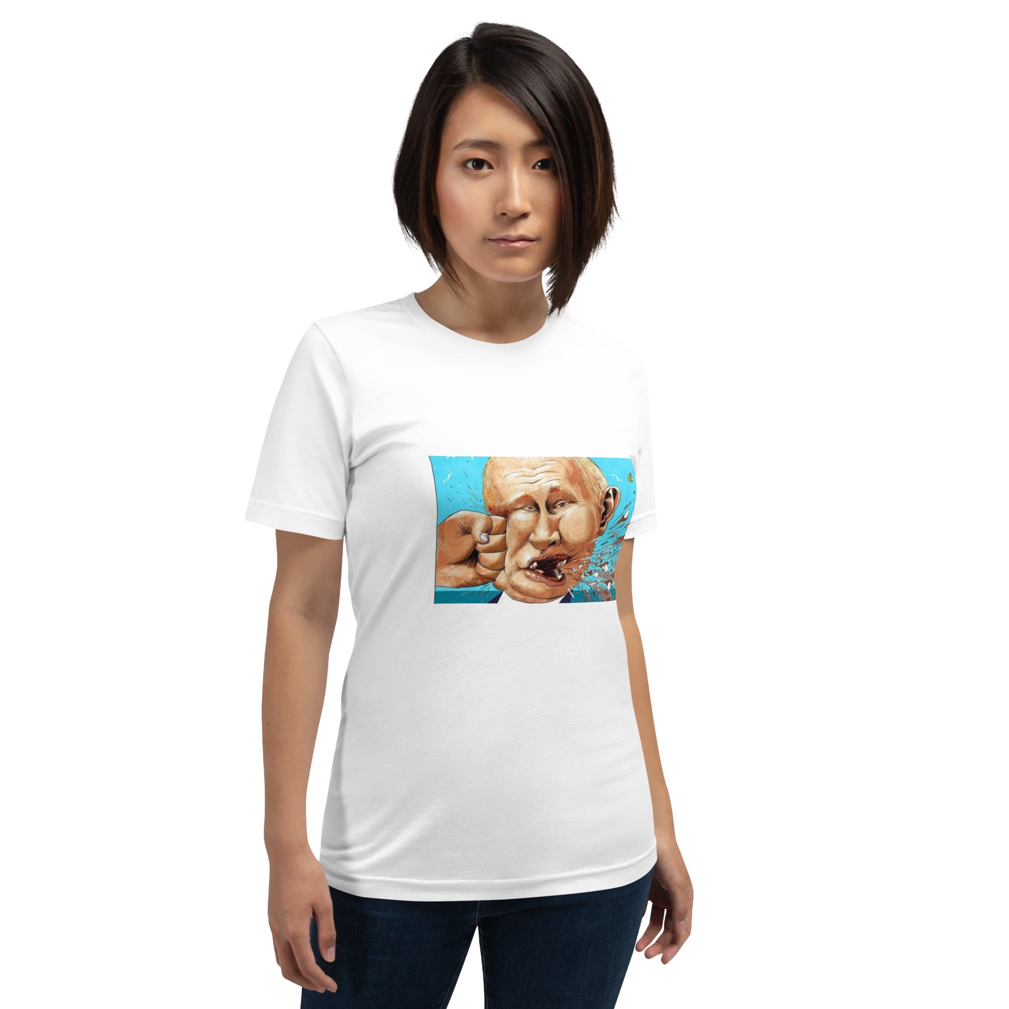 Woman wearing "Stop Putin" T-shirt with bold design, standing against a plain background.