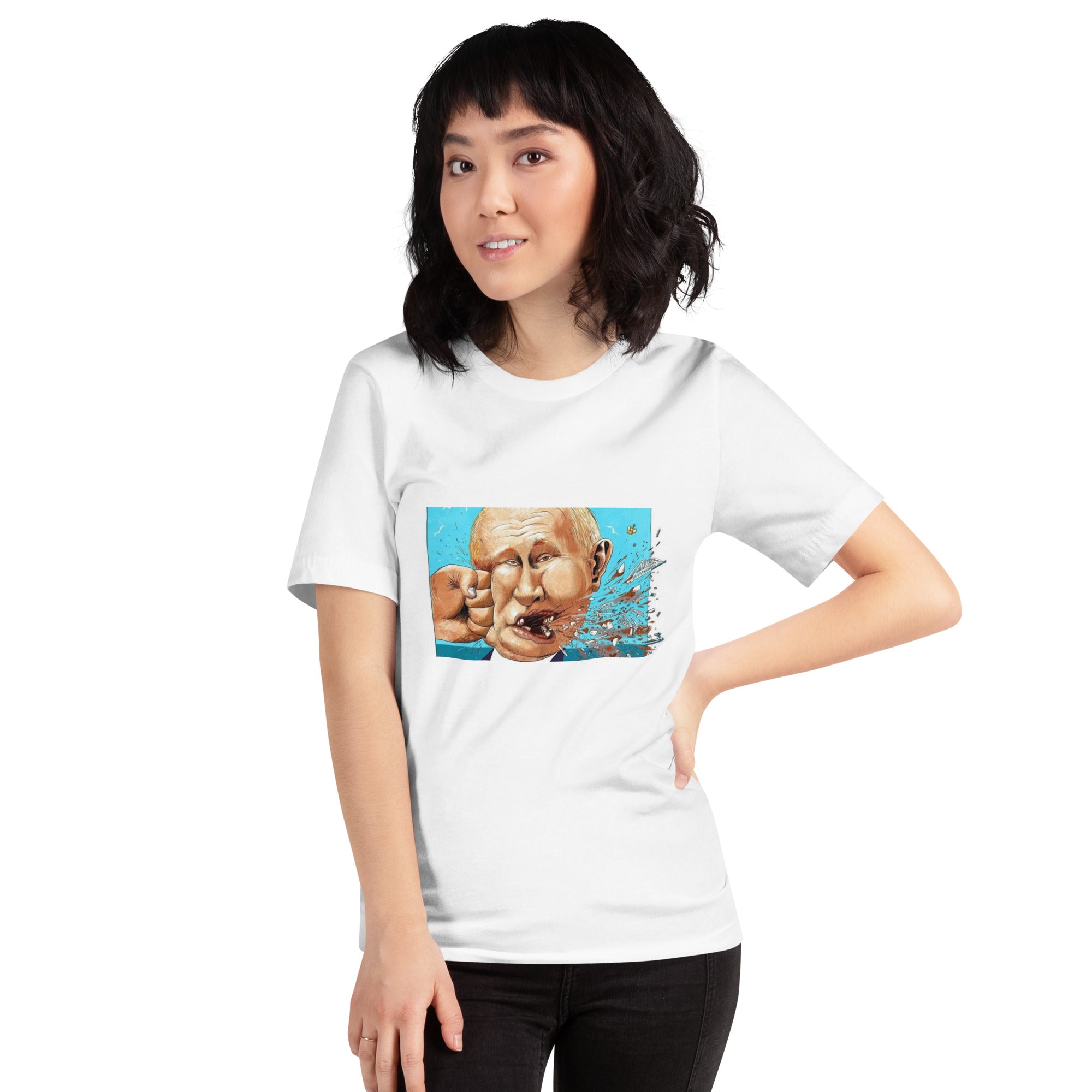 Woman wearing Stop Putin graphic T-shirt with illustration, showcasing a bold statement for peace and solidarity.