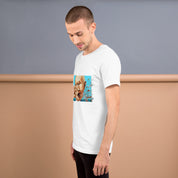 Man wearing a "Stop Putin" T-shirt, featuring bold graphic, side view, soft cotton material, designed for comfort and impact.
