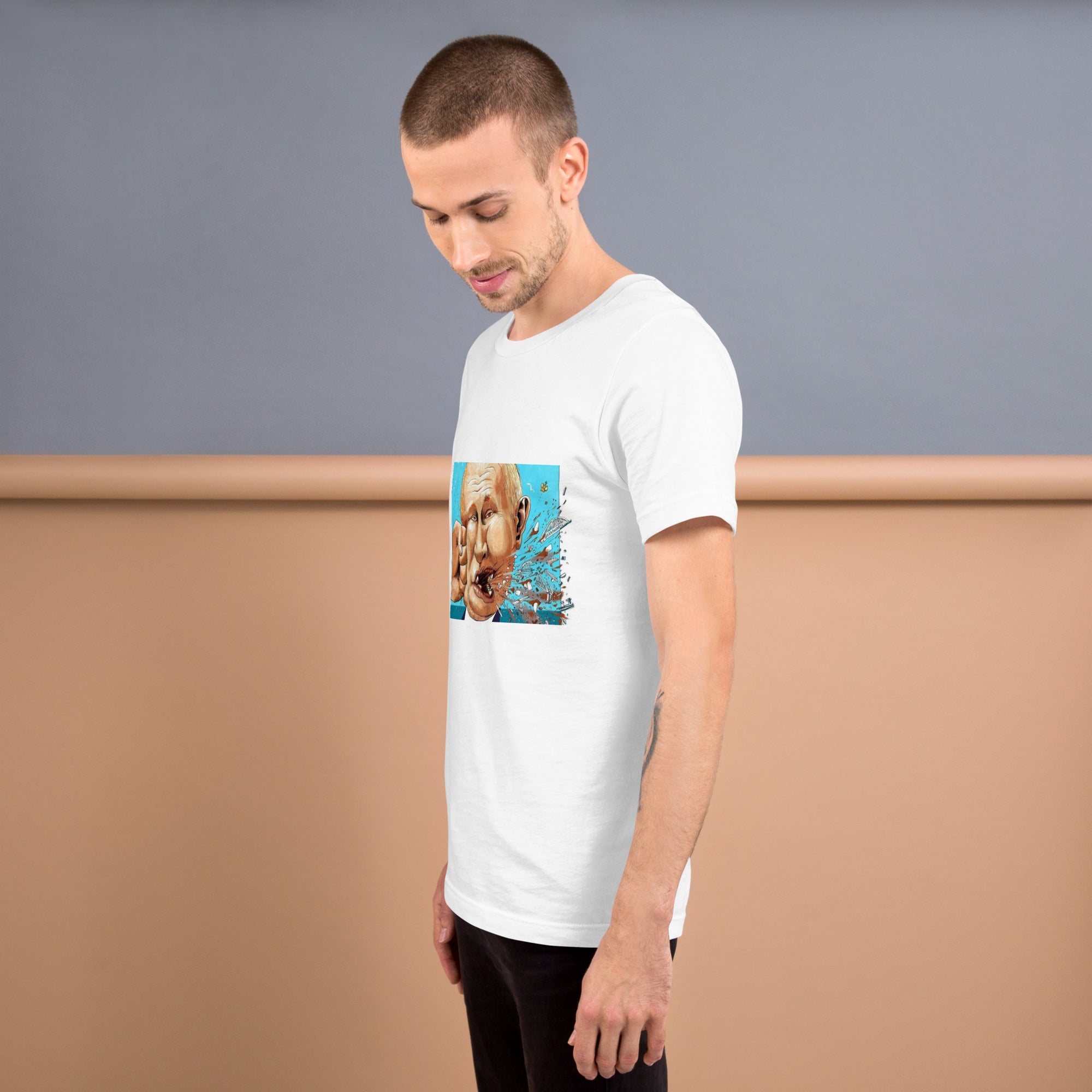 Man wearing a "Stop Putin" T-shirt, featuring bold graphic, side view, soft cotton material, designed for comfort and impact.
