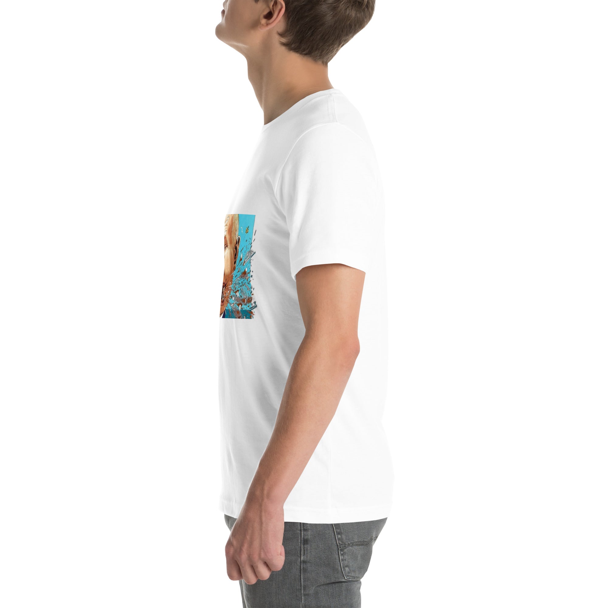 Side view of a person wearing a white 'Stop Putin' T-shirt with vibrant graphic design.