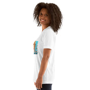 Woman wearing a Stop Putin women's T-shirt, side view, showcasing a powerful statement design on soft white cotton fabric.