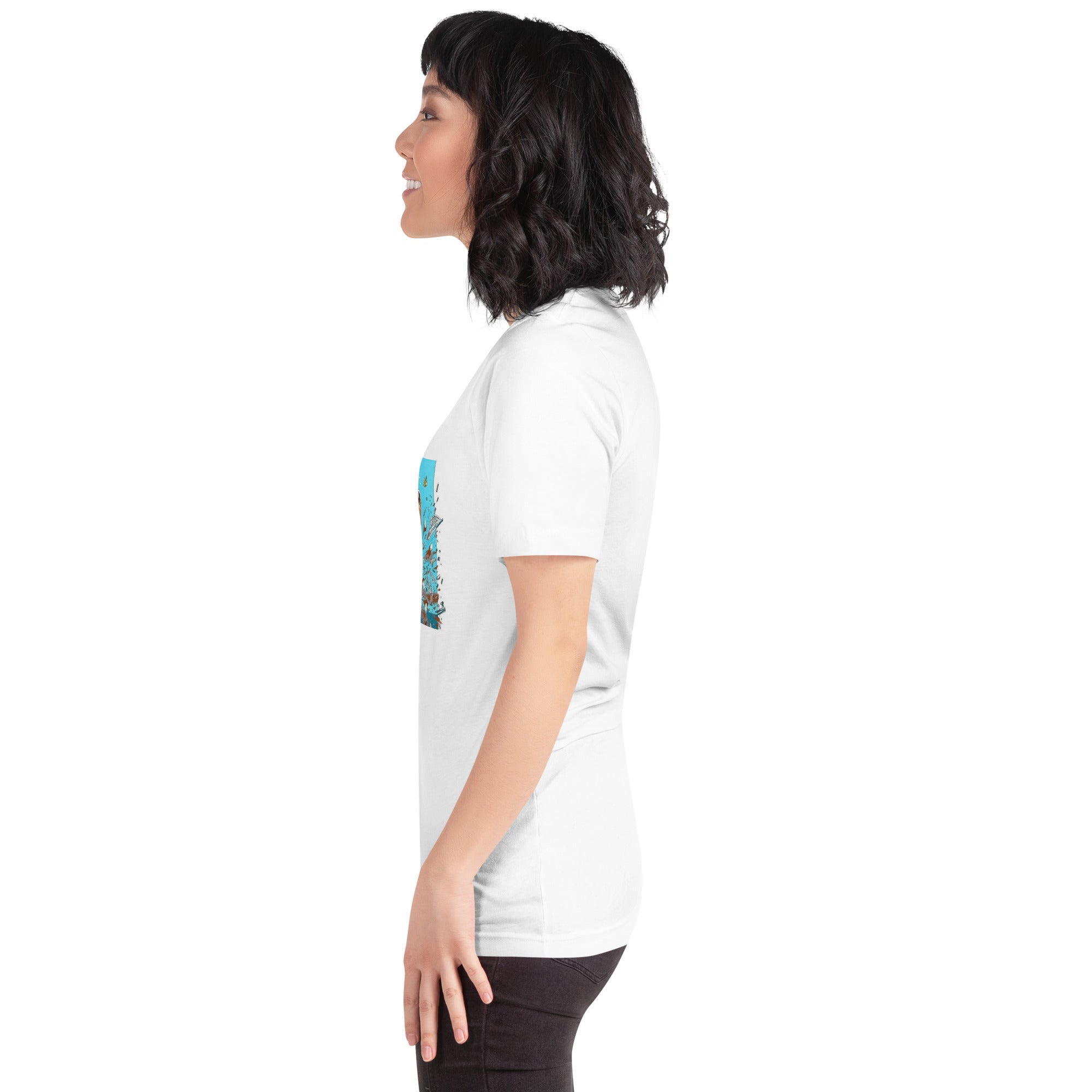 Woman wearing a white "Stop Putin" T-shirt, side view, with a bold graphic. Perfect for casual wear and making a powerful statement.