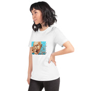 Woman wearing Stop Putin women's T-shirt with bold graphic, soft cotton fabric, statement tee for casual wear.