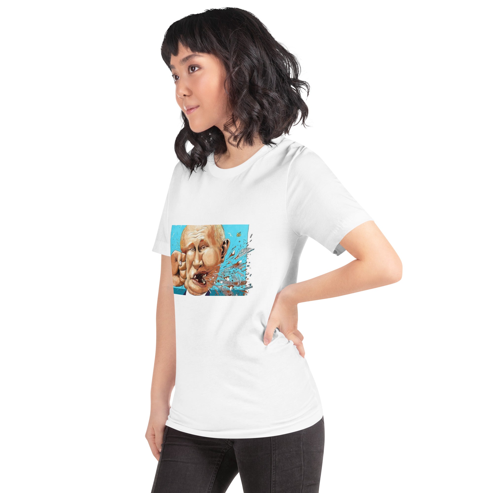 Woman wearing Stop Putin women's T-shirt with bold graphic, soft cotton fabric, statement tee for casual wear.