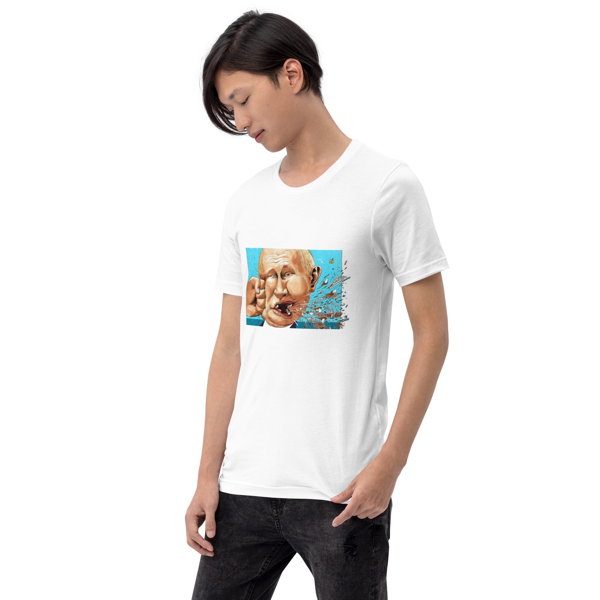 Man wearing a "Stop Putin" graphic T-shirt with a white background.