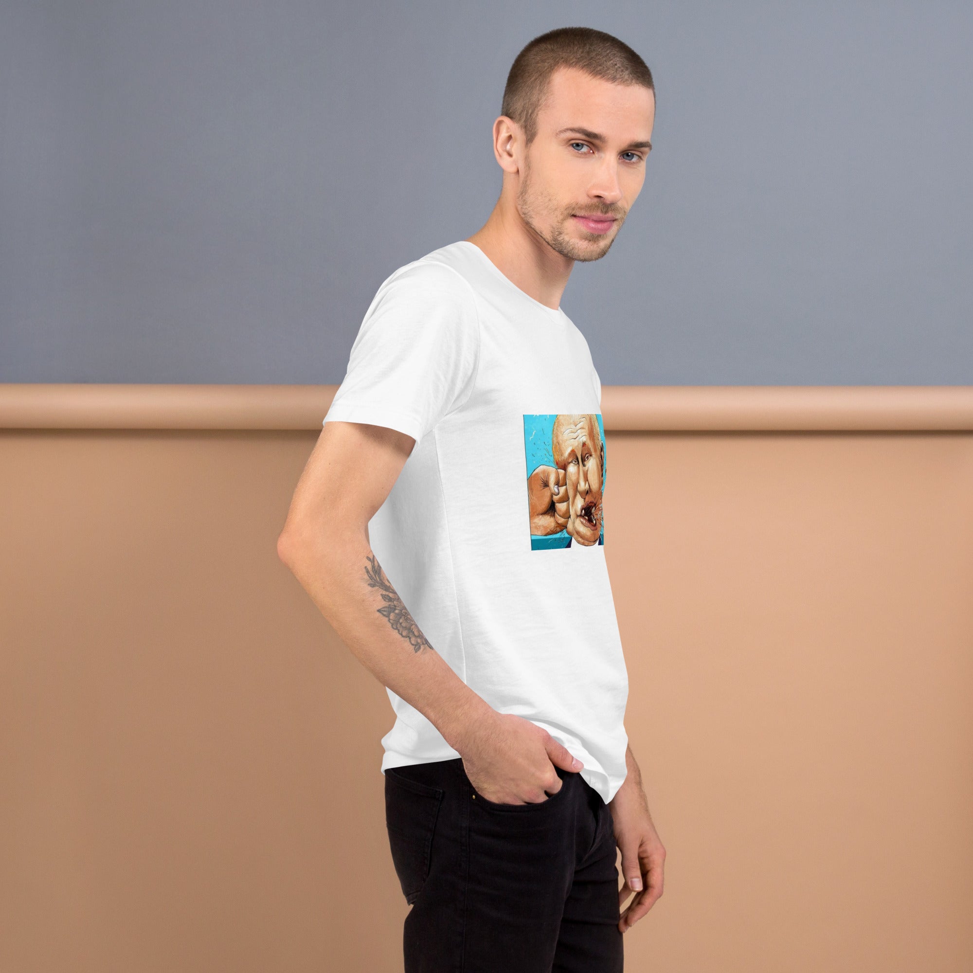 Man wearing a Stop Putin T-shirt with bold design, showcasing a political statement. Comfortable and stylish for activism.
