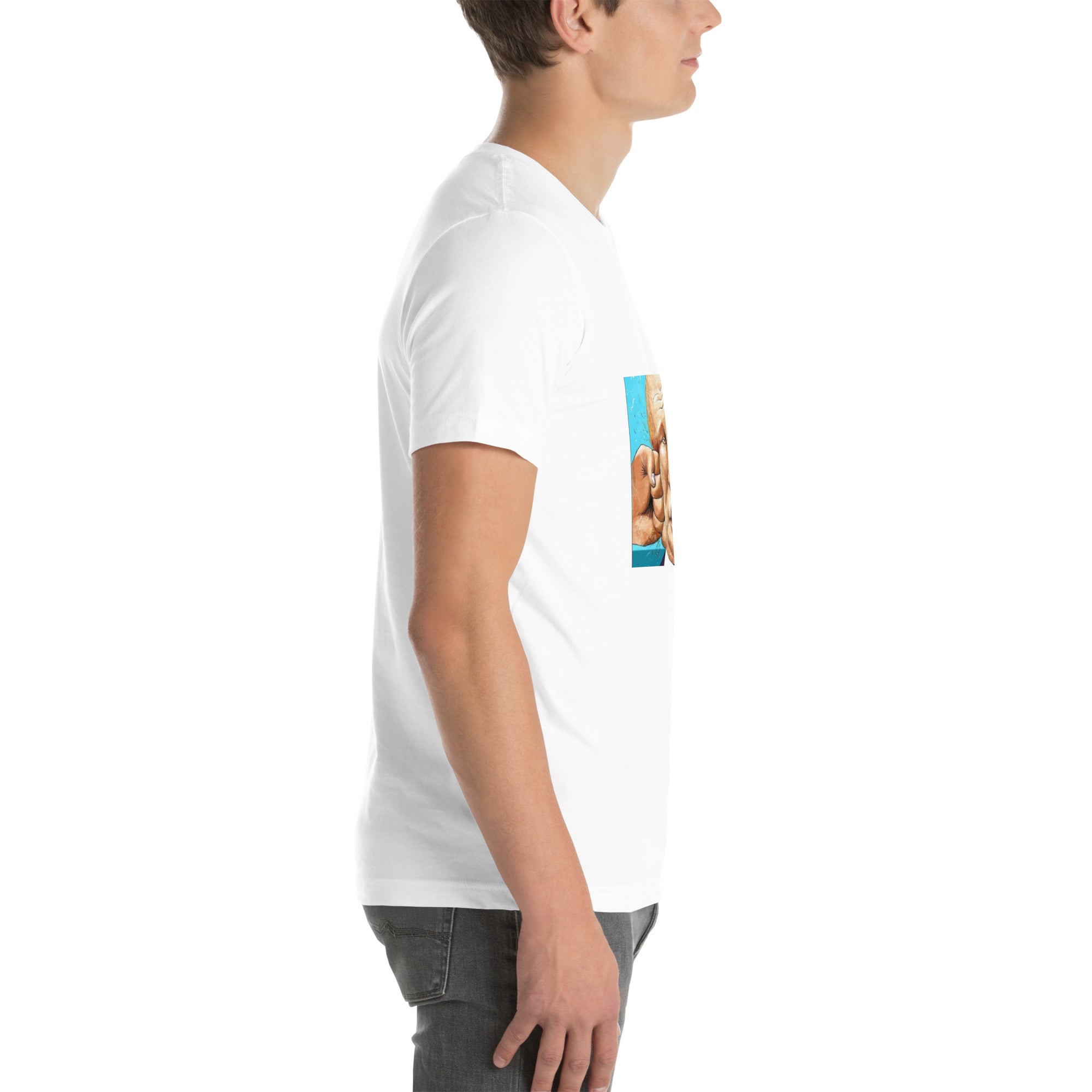 Side view of person wearing Stop Putin T-shirt, white with bold design, made from premium cotton for a comfortable fit.