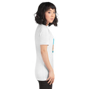 Woman wearing Stop Putin T-shirt, side view, white shirt with statement design, casual fashion, soft cotton blend, flattering fit.