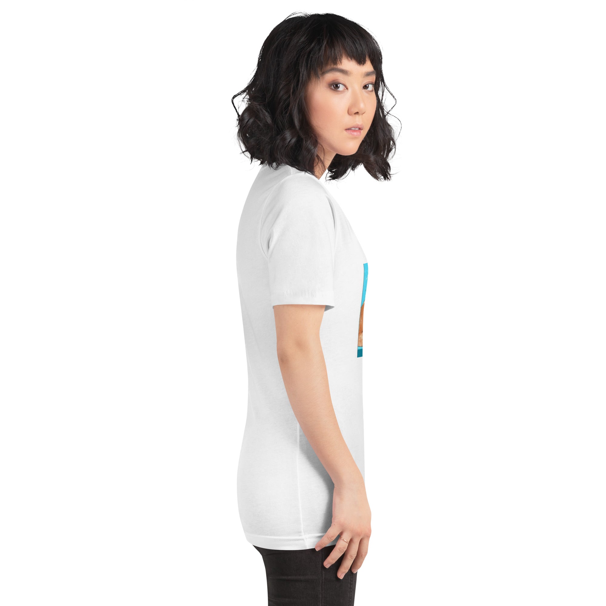 Woman wearing Stop Putin T-shirt, side view, white shirt with statement design, casual fashion, soft cotton blend, flattering fit.