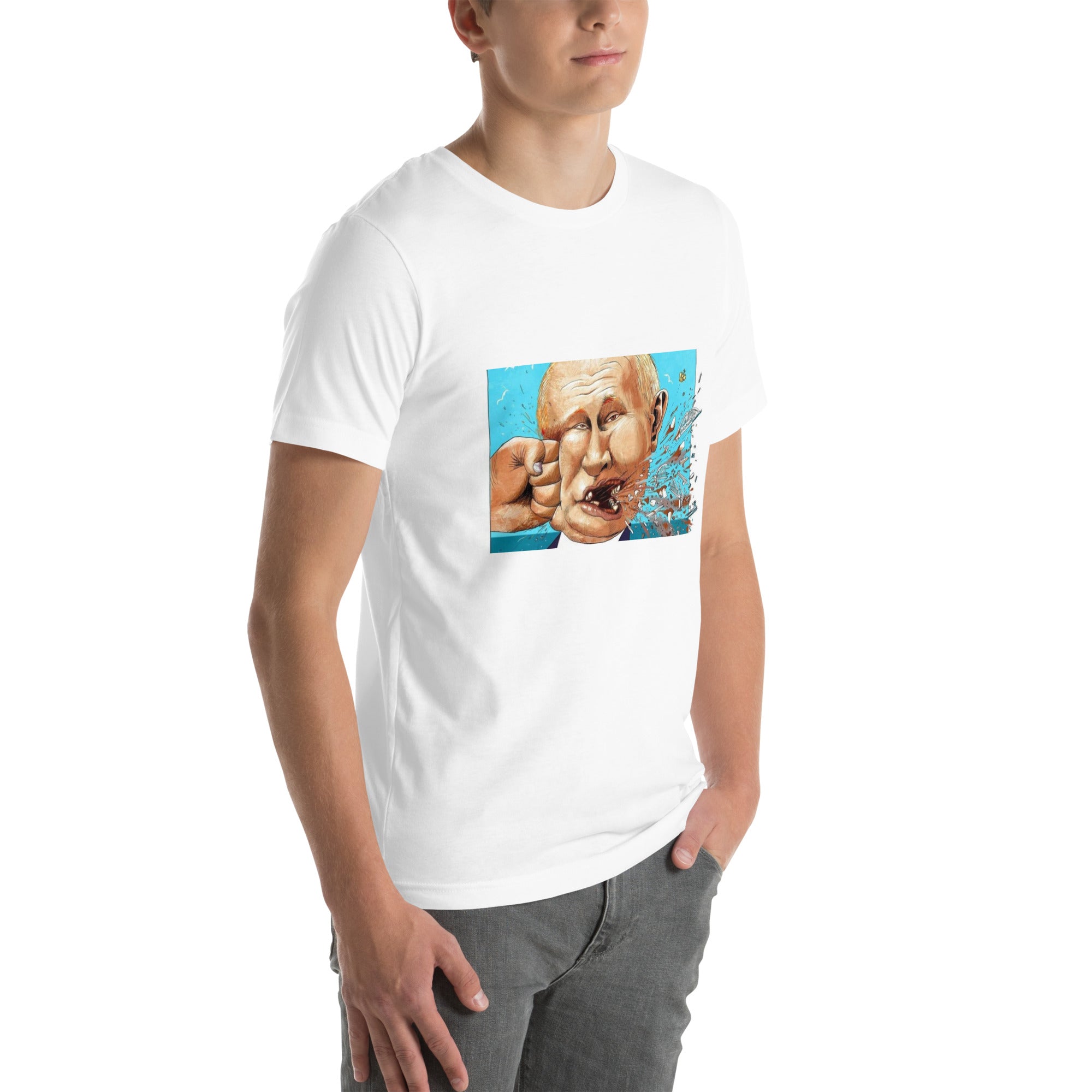 Man wearing a Stop Putin T-shirt with graphic design, made from premium soft cotton, showcasing a strong statement for peace.