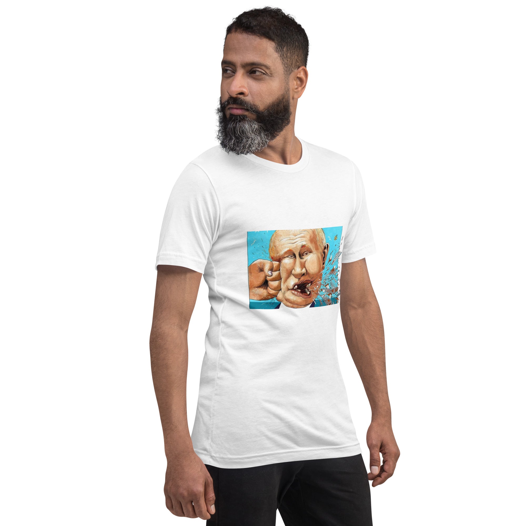 Man wearing a white Stop Putin T-shirt with statement graphic, promoting freedom and activism.