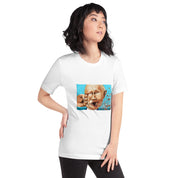 Woman wearing a white "Stop Putin" T-shirt featuring a bold graphic design, showcasing a statement against Putin.