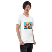 Unisex T-shirt with a colorful political cartoon print, featuring a person modeling the shirt with style and confidence.