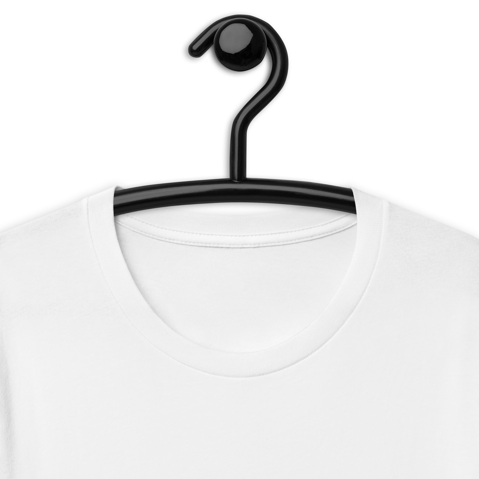 White T-shirt on black hanger, highlighting soft cotton fabric and comfortable fit design for casual wear.