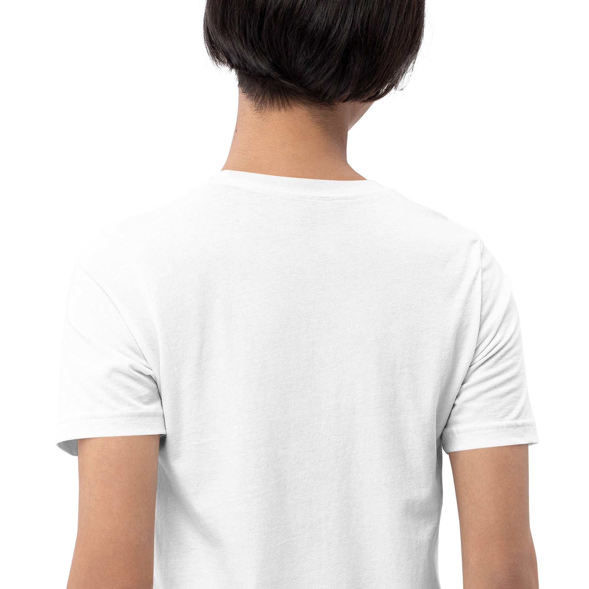 Back view of a white "Stop Putin" women's T-shirt, showcasing soft cotton fabric and comfortable fit.