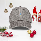 Vintage unisex cotton twill cap with Ukrainian Tryzub embroidery, festive background, brass buckle adjustable, stylish and breathable hat.