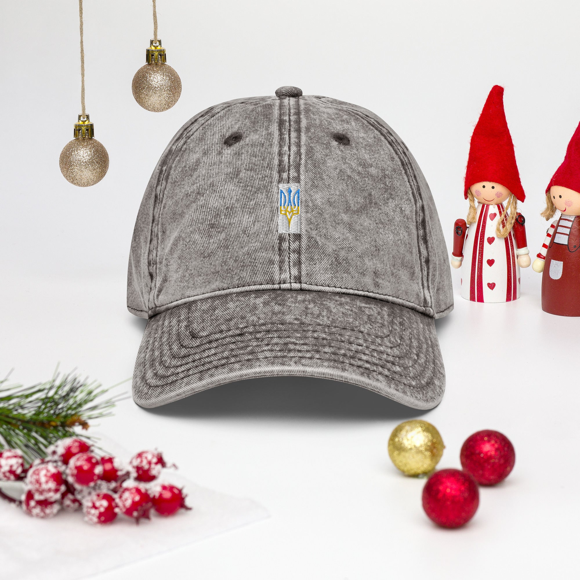 Vintage unisex cotton twill cap with Ukrainian Tryzub embroidery, festive background, brass buckle adjustable, stylish and breathable hat.