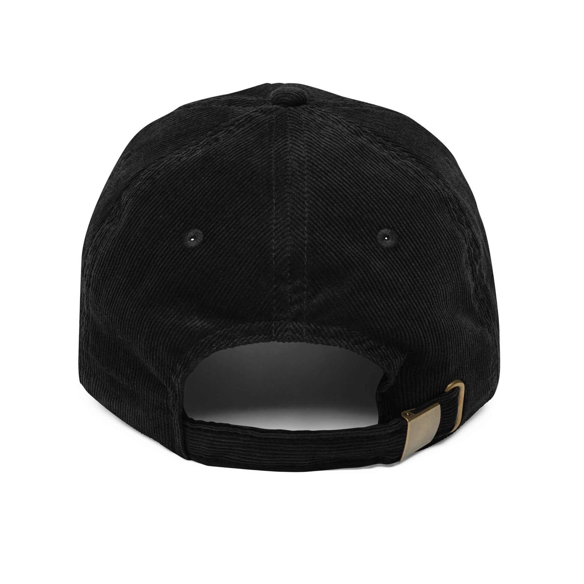 Back view of black vintage corduroy cap with adjustable strap and Ukrainian Tryzub design.