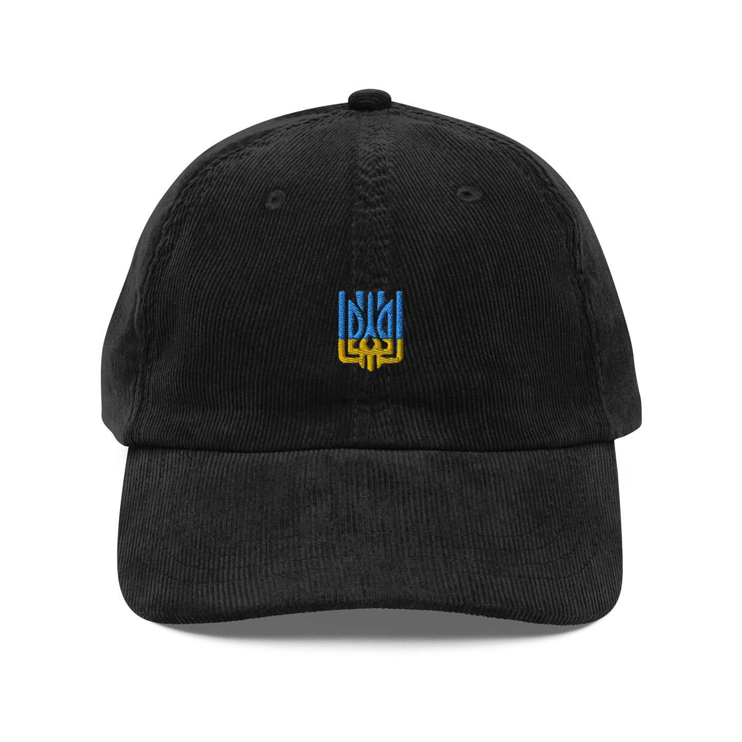 Vintage black corduroy cap with Ukrainian Tryzub emblem for men and women, stylish retro design, adjustable and comfortable fit.
