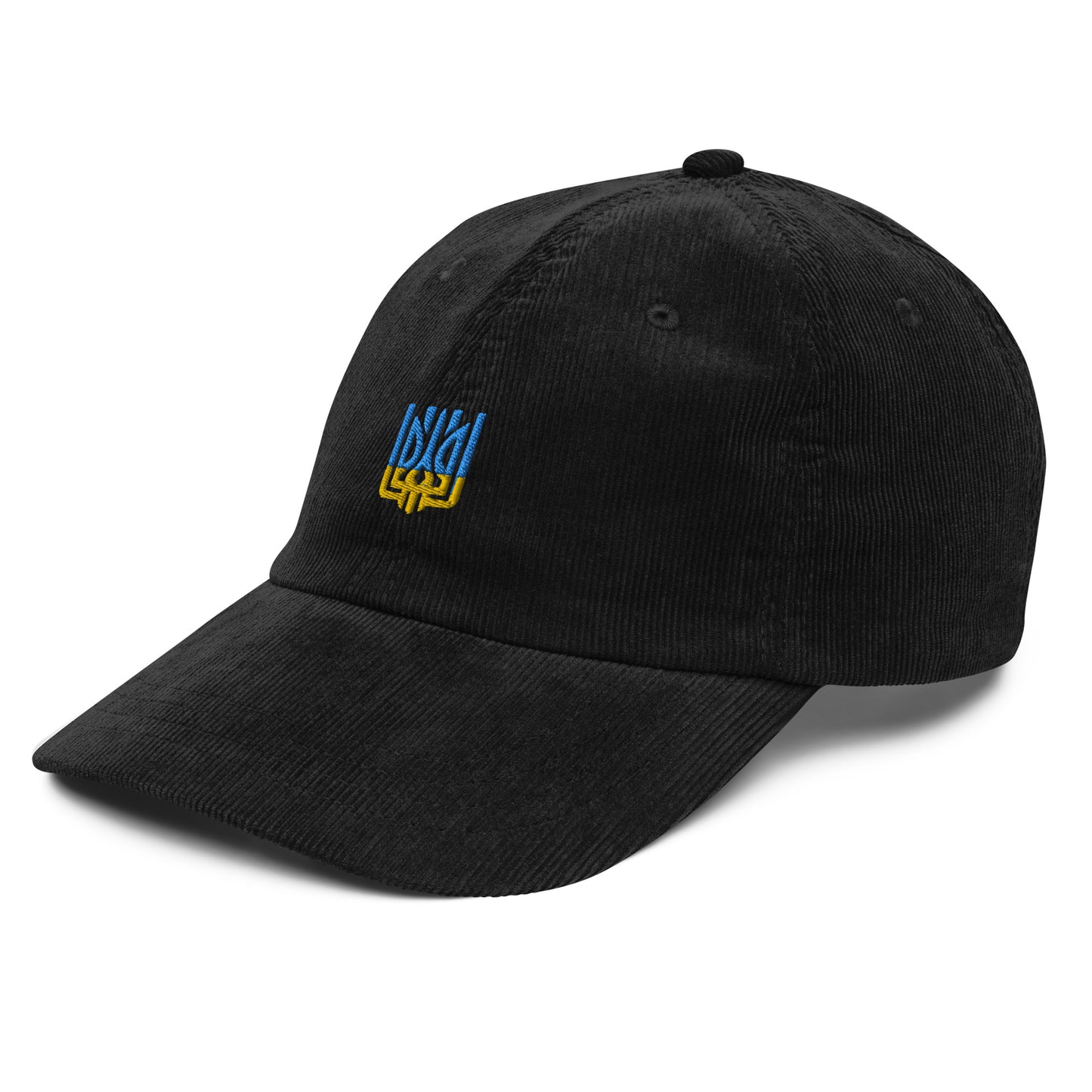 Vintage black corduroy cap with Ukrainian Tryzub emblem, unisex adjustable design, blending retro style with patriotic flair.