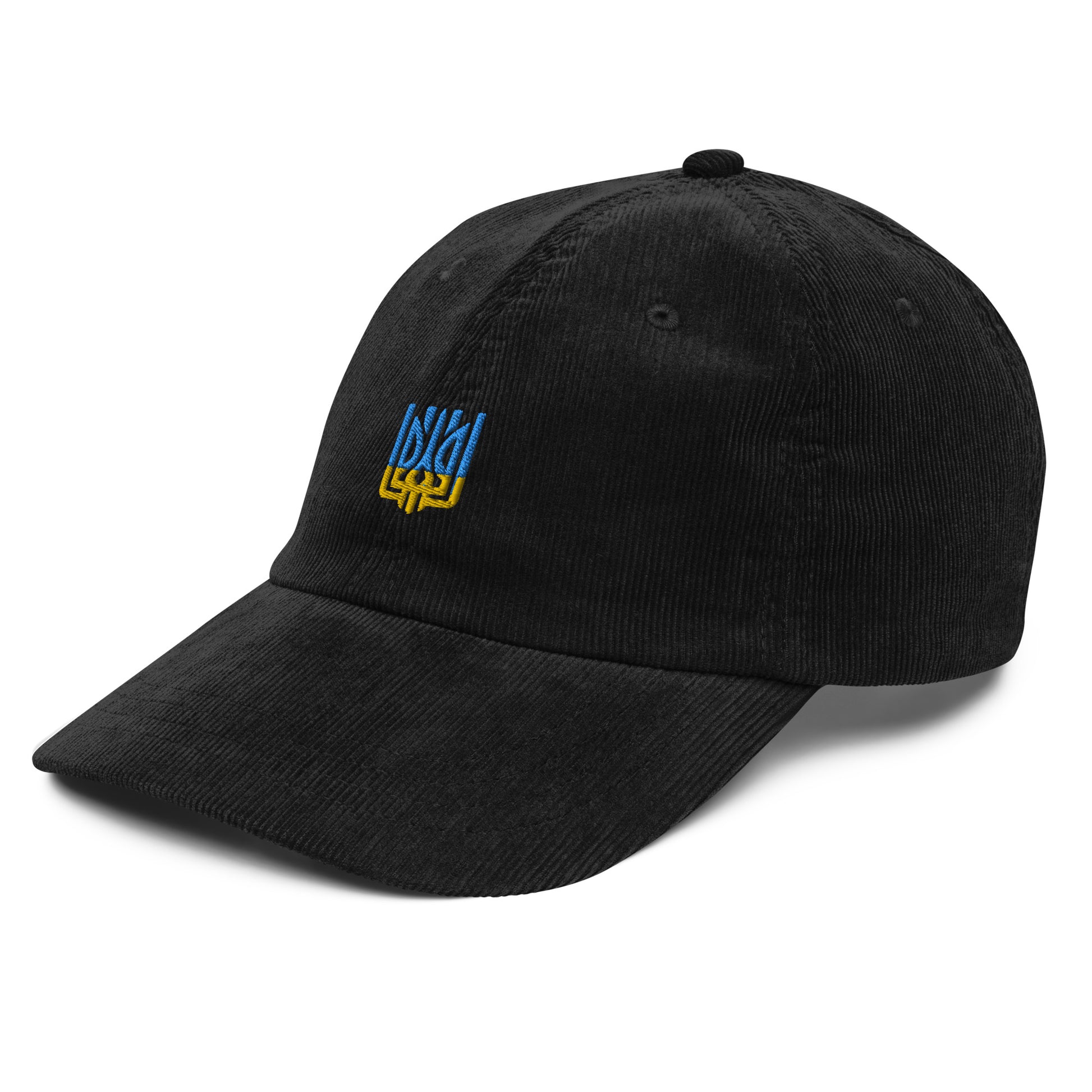 Vintage black corduroy cap with Ukrainian Tryzub emblem, unisex adjustable design, blending retro style with patriotic flair.