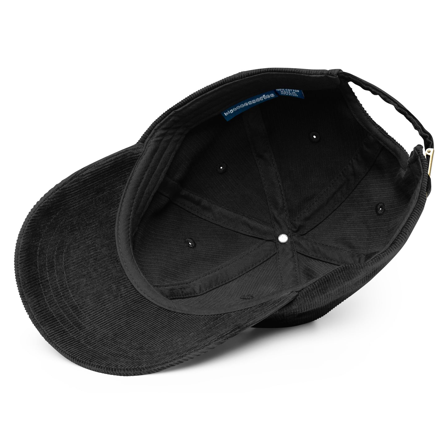 Vintage black corduroy cap featuring Ukrainian Tryzub, interior view showing adjustable fit and classic design.