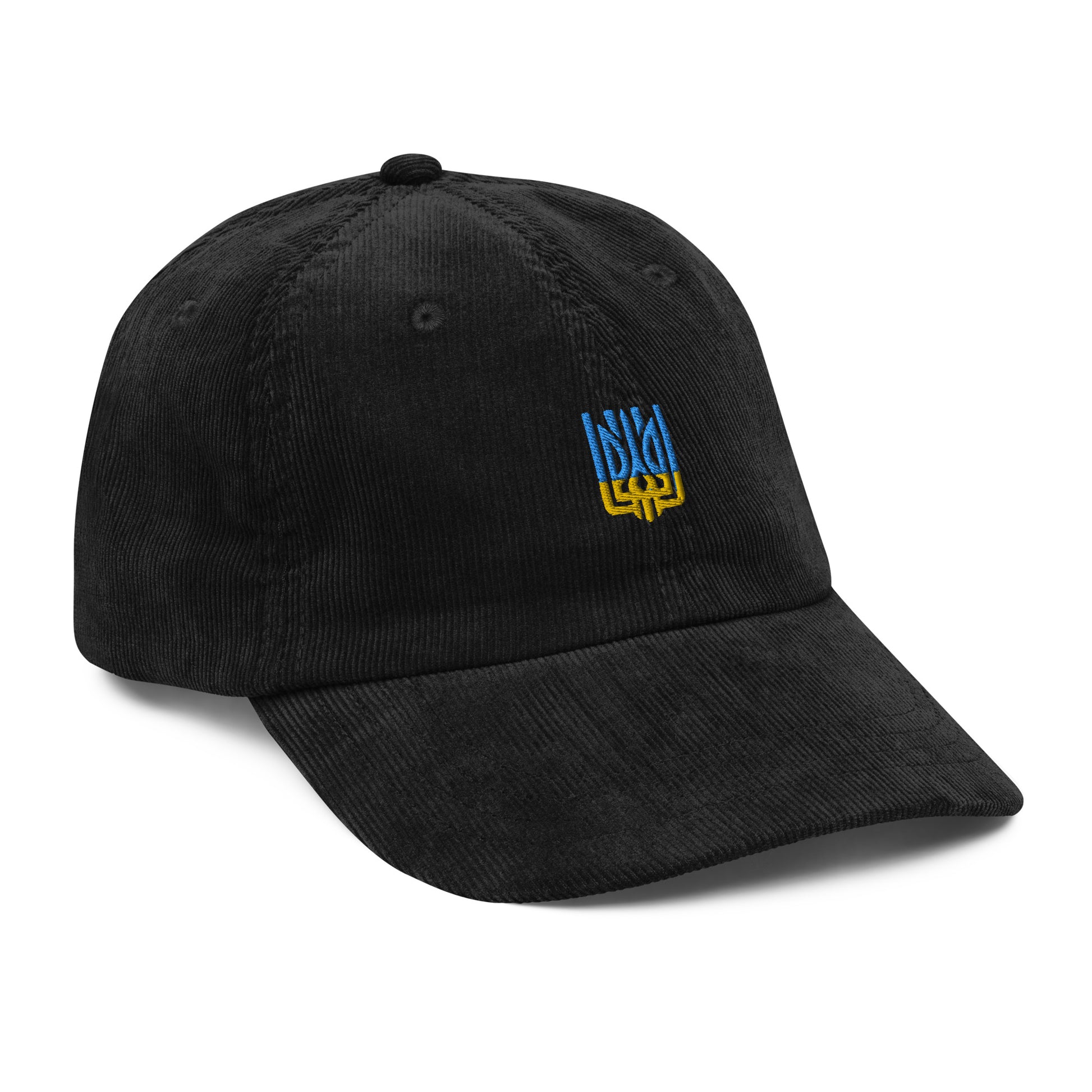 Vintage black corduroy cap with Ukrainian Tryzub emblem, unisex, adjustable, retro style, patriotic fashion accessory.