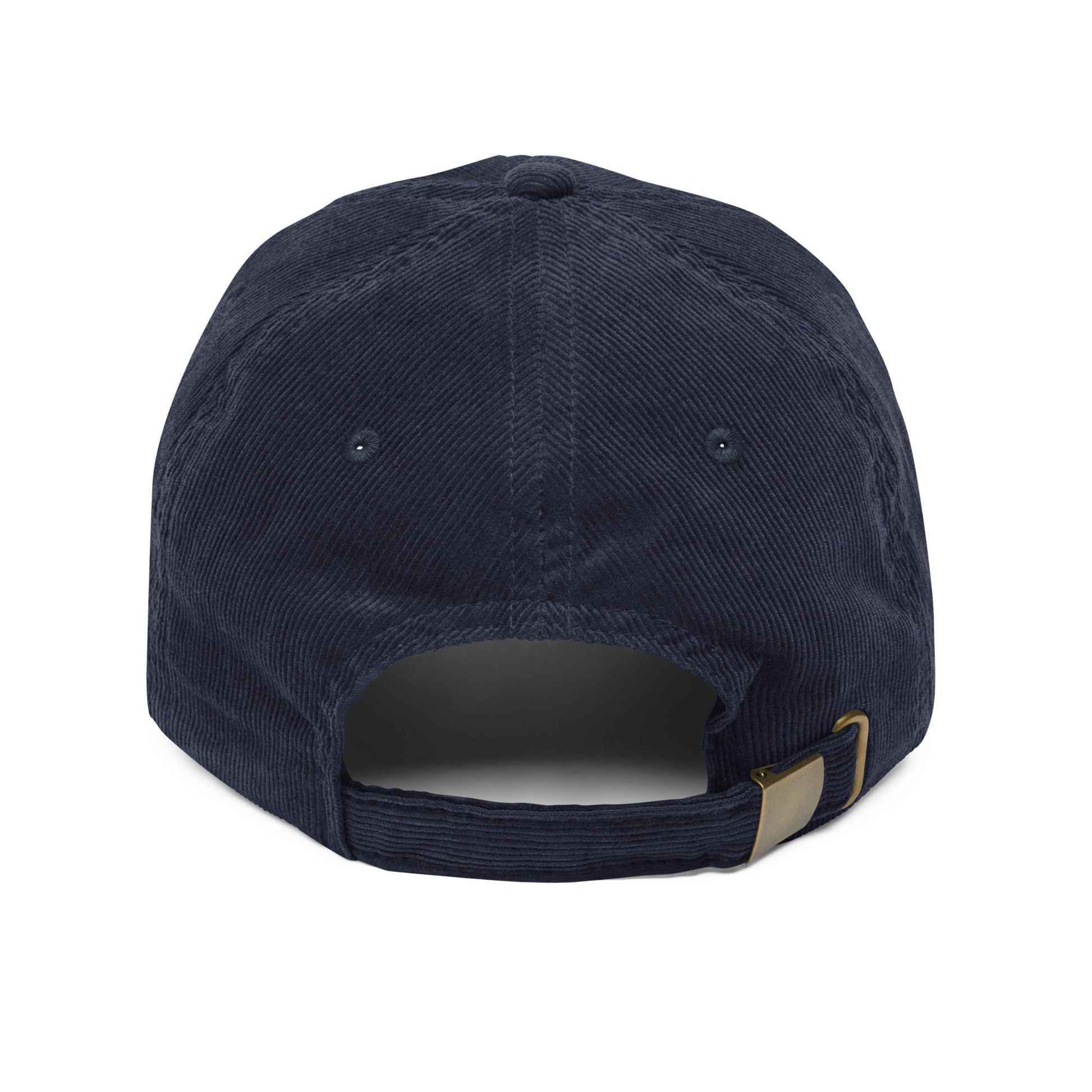 Back view of vintage corduroy cap with adjustable strap in navy blue.