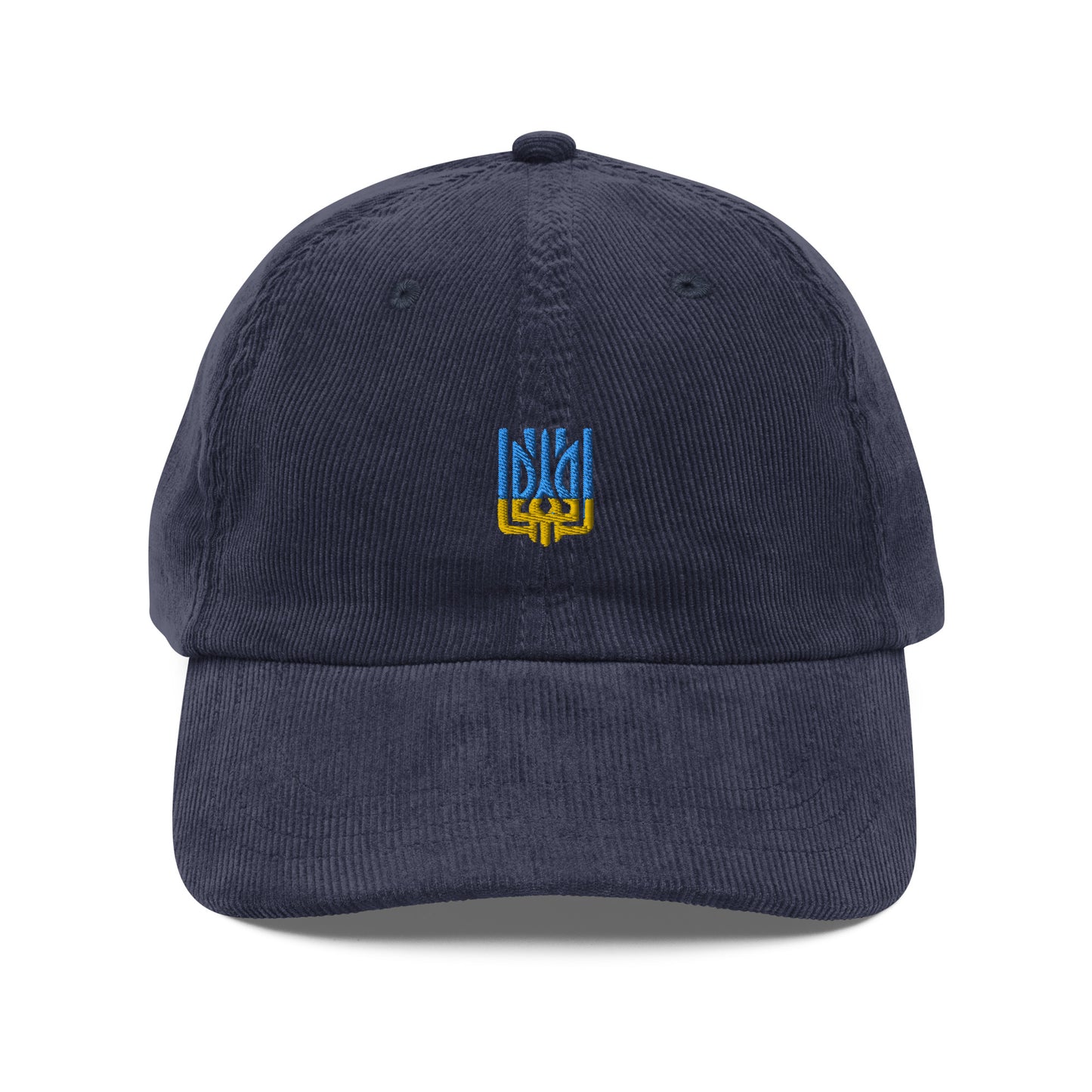 Vintage corduroy cap with Ukrainian Tryzub emblem and adjustable fit, perfect for casual wear and showing patriotic style.