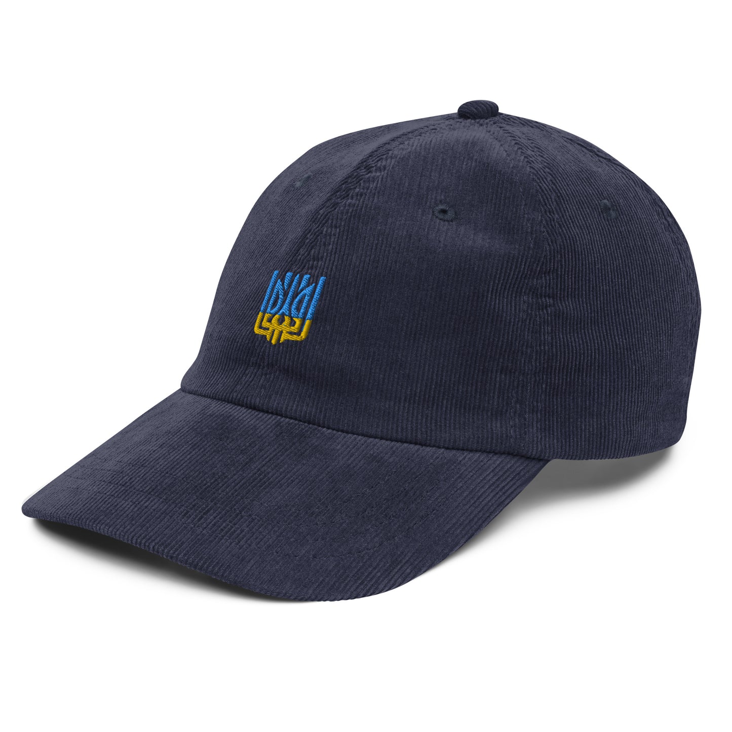 Vintage corduroy cap with Ukrainian Tryzub emblem, adjustable for men and women, showcasing retro style and patriotic flair.