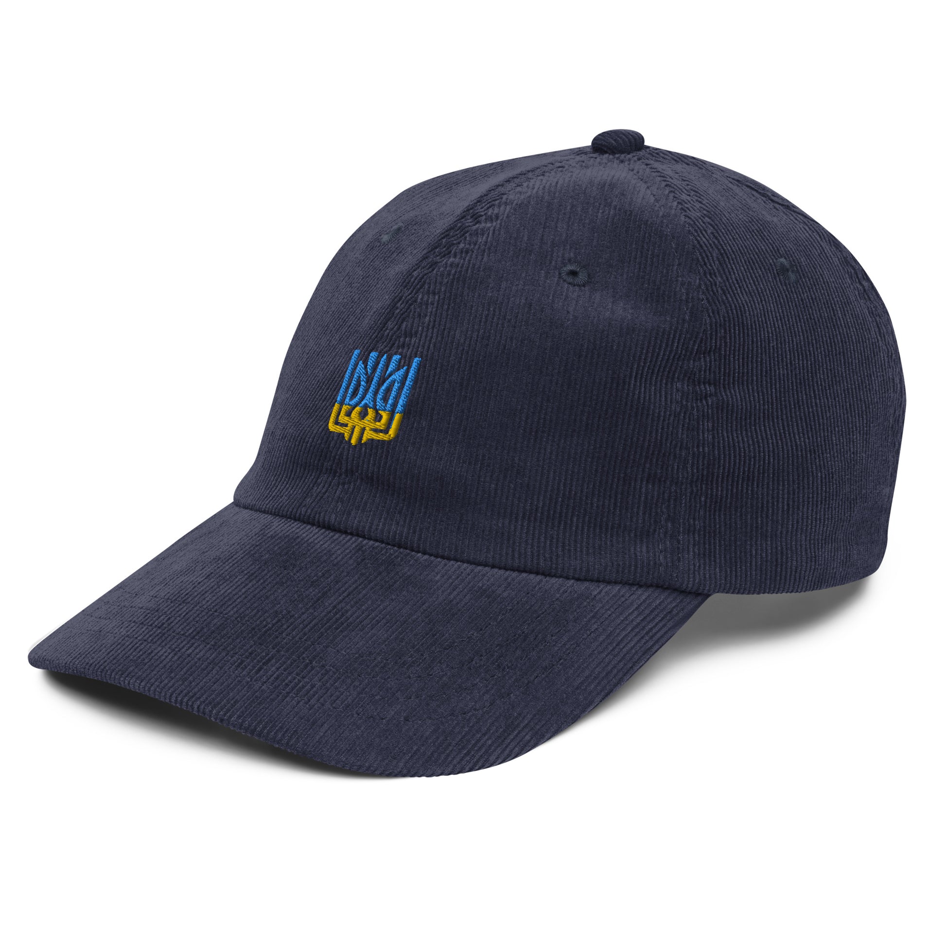 Vintage corduroy cap with Ukrainian Tryzub emblem, adjustable for men and women, showcasing retro style and patriotic flair.