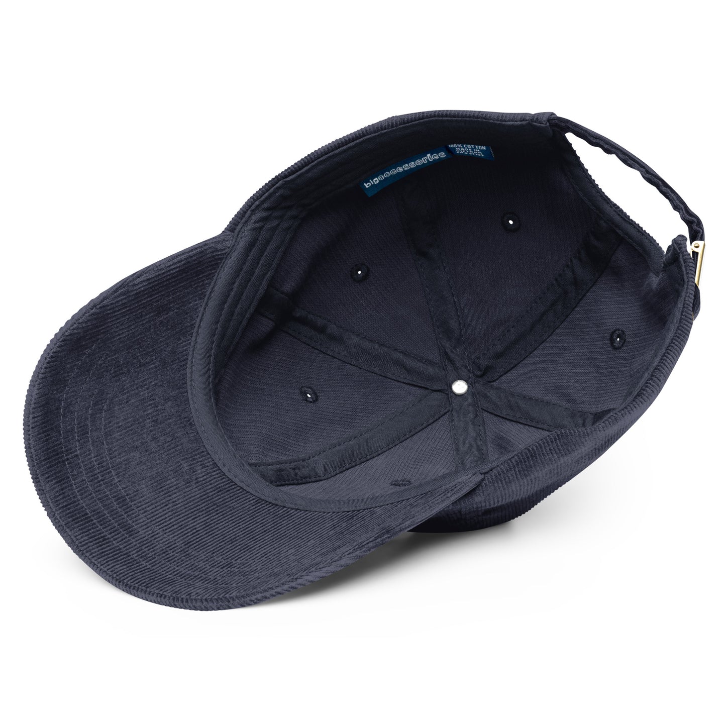 Adjustable vintage corduroy cap with Ukrainian Tryzub emblem, interior view showcasing retro design and craftsmanship.